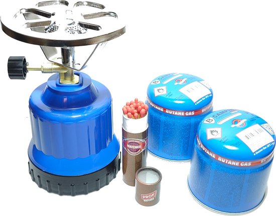 Camping kookstel gasbrander 1 pits blauw incl 4 gas navullingen 190gr & lucifers van BluMill