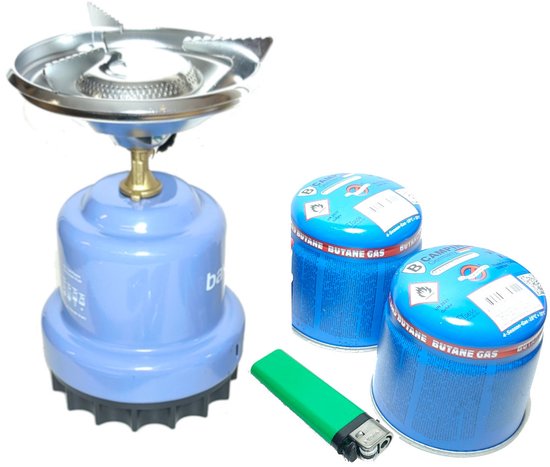 Camping kookstel gasbrander blauw incl 2 gas navullingen 190gr & aansteker van Merkloos