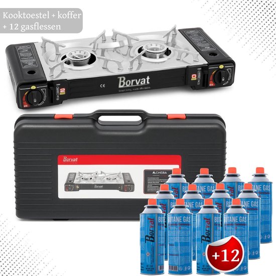 Camping Kookstel - Kooktoestel - Kampeer kookstel - Gasstel - Gaspit - Kookplaat - Elektronische ontsteking - 2 Pits - met koffer - 12 Gasflessen