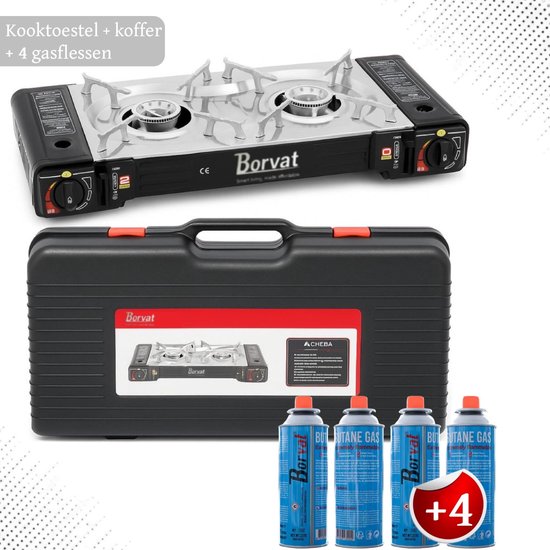 Camping Kookstel - Kooktoestel - Kampeer kookstel - Gasstel - Gaspit - Kookplaat - Elektronische ontsteking - 2 Pits - met koffer - 4 Gasflessen