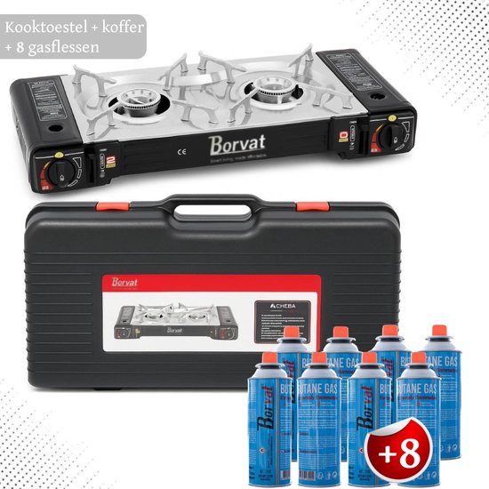 Camping Kookstel - Kooktoestel - Kampeer kookstel - Gasstel - Gaspit - Kookplaat - Elektronische ontsteking - 2 Pits - met koffer - 8 Gasflessen