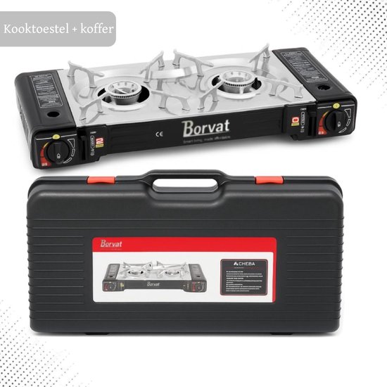 Camping Kookstel - Kooktoestel - Kampeer kookstel - Gasstel - Gaspit - Kookplaat - Elektronische ontsteking - 2 Pits - met koffer van Camping