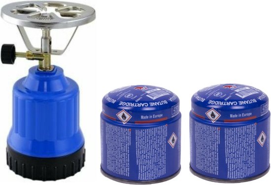 Camping kookstel - kunststof - blauw - incl. 2x gas navulling priktank - 190 gram van Camp