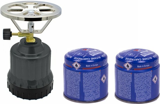 Camping kookstel - kunststof - donkergrijs - incl. 2x gas navulling priktank - 190 gram van Campart Travel
