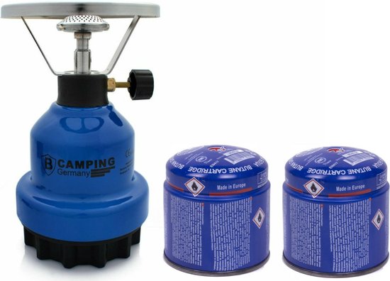 Camping kookstel - metaal - blauw - incl. 2x gas navulling priktank - 190 gram van Campking