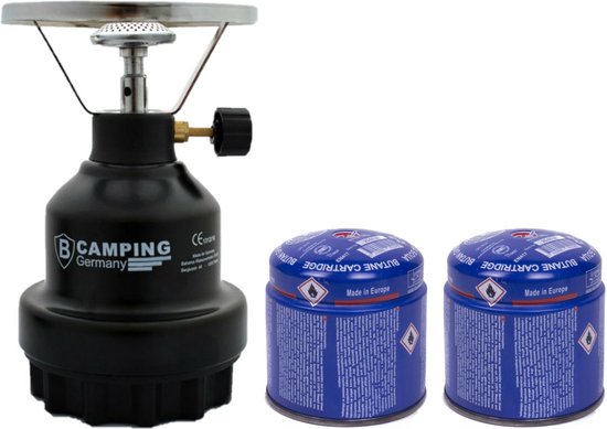 Camping kookstel - metaal - zwart - incl. 2x gas navulling priktank - 190 gram van Merkloos