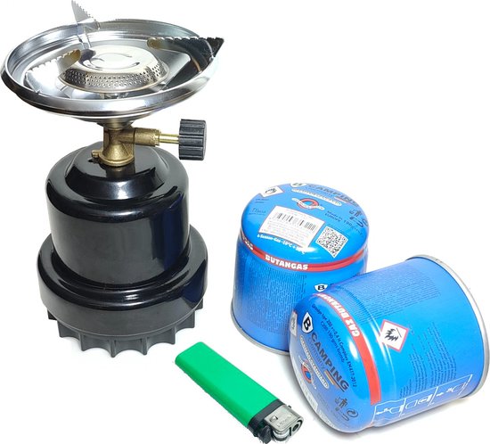 Camping kookstel metalen gasbrander zwart incl 4 gas navullingen 190gr & aansteker van MacGyver