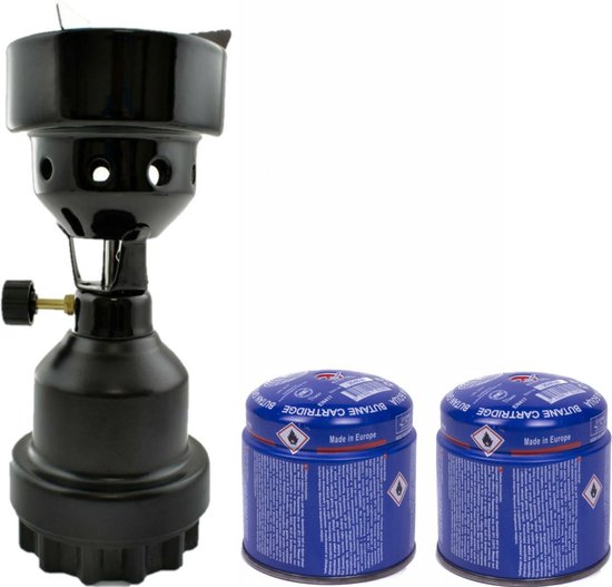 Camping kookstel/kookpit - metaal - zwart - incl. 2x gas navulling priktank - Koken - Campinggas van Merkloos