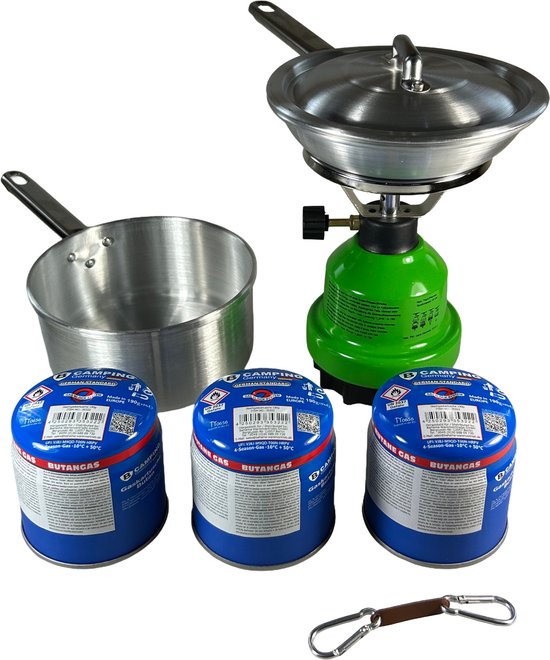 Camping Kooktoestel / Camping Gasstel – Draagbaar Gasfornuis Incl. 3x 190g Gasbussen, Aluminium Koekenpan & Steelpan – Outdoor Kookset van Merkloos