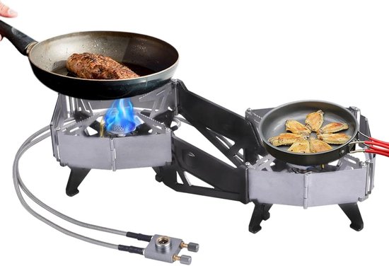 Camping kooktoestel - Dubbele brander - Buiten koken - Opvouwbare voorruit - 34 cm breed - Zilver
