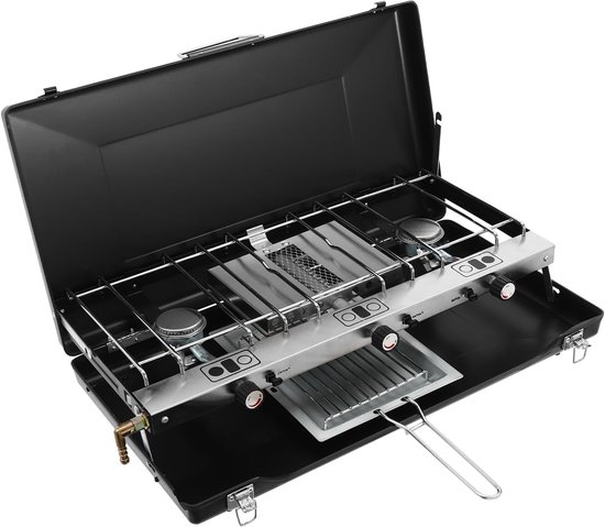 Camping kooktoestel - Gasfornuis buiten - Koken op locatie - Drie branders - 56.5 x 30 cm - Zwart