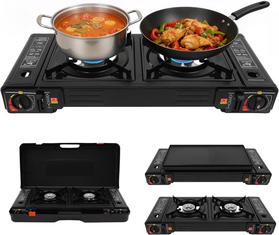 Camping Kooktoestel - Gasfornuis Outdoor - Kamperen Grillen - Ingebouwde Beveiliging - 63 x 26 cm - Zwart van Merkloos