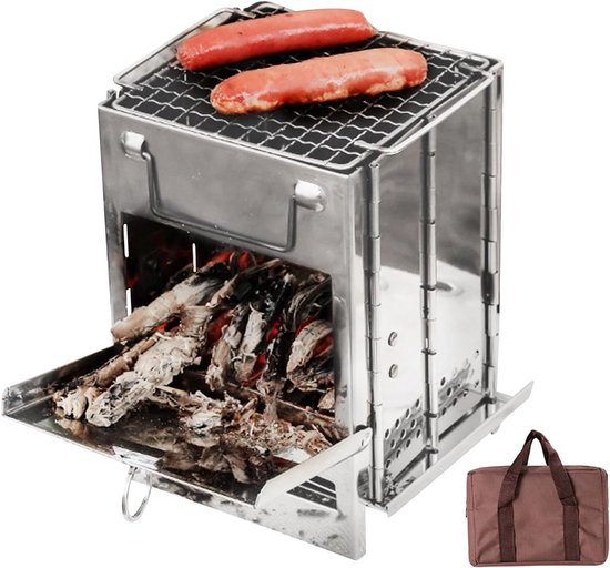 Camping Kooktoestel - Kampeerfornuis Houtkachel - Buiten Koken - Roestvrije Constructie - 21 x 15 x 8 cm - Zilver