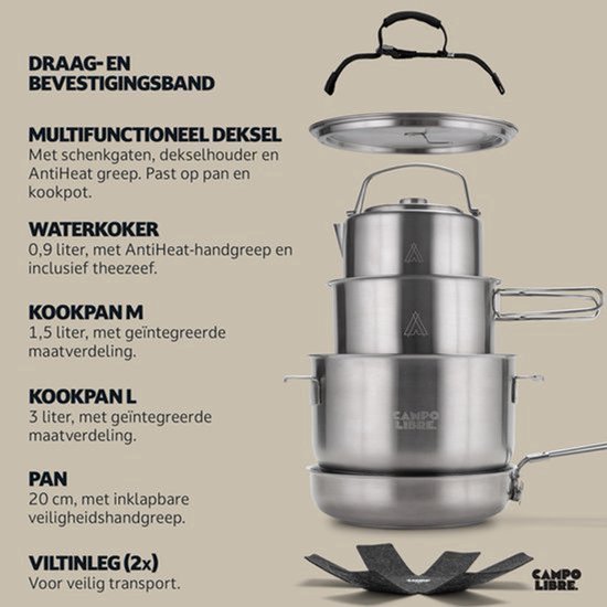 Camping Kooktoestel – Voor Camping Gasstel of Noodpakket. Duurzame Stainless Steel Pan met ProCore‑Technologie, Inductiegeschikte Outdoor Pannenset, Compact Stapelbaar, L 6-delig