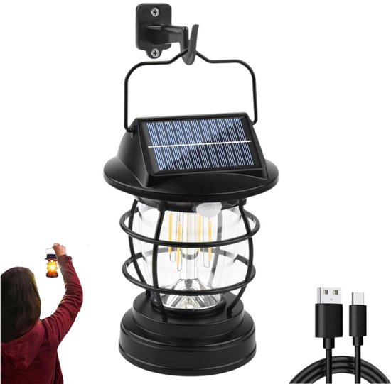 Camping Lantaarn – Solar lamp Met Bewegingssensor Voor Buiten – 4 Bedieningsmodi – Waterdicht IP65 – Oplaadbaar Via Zonne-Energie En USB – 360 Graden Verlichting – Voor Muur, Tuin En Terras – 280 Lm – 1 Stuk – Met Handgreep