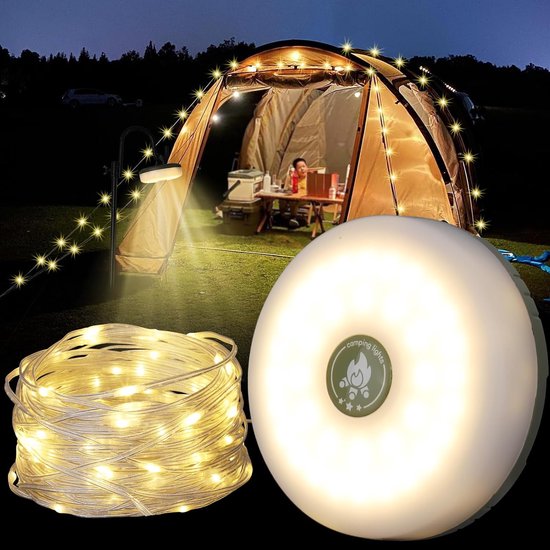 Camping Lichtsnoer - 10 Meter - 5 lichtstanden - IP44 Waterdicht - 2000mAh polymeer - Camping Decoratieve Lichtsnoer - Oprolbaar - Kampeerlamp Oplaadbare Kampeerlamp met Lichtsnoer - Warm-Wit - Lampjes