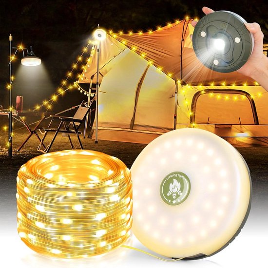 Camping Lichtsnoer 10 Meter - Ambience Strip - IPX4 Waterdicht - Oprolbaar - Oplaadbaar - Warm-Wit - Verlichting Buiten Slinger - Camp Lamp - Camplamp - Kampeerlamp - Lampjes - Lampenslinger - Tentlamp - Campinglamp Oplaadbaar Met USB C - Buiten van Merkloos