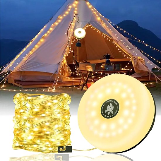 Camping Lichtsnoer - 10 Meter - IP44 Waterdicht - Oprolbaar - Oplaadbaar - Warm-Wit | Verlichting Buiten Slinger - Lampjes - Lampenslinger - Kampeerlamp - Tentlamp van Luca Lighting