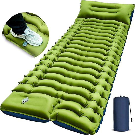 Camping Luchtbed - Extra Breed 195x65 cm - Incl. Kussen & Voetpomp - 8 cm Dik - Lichtgewicht 800g