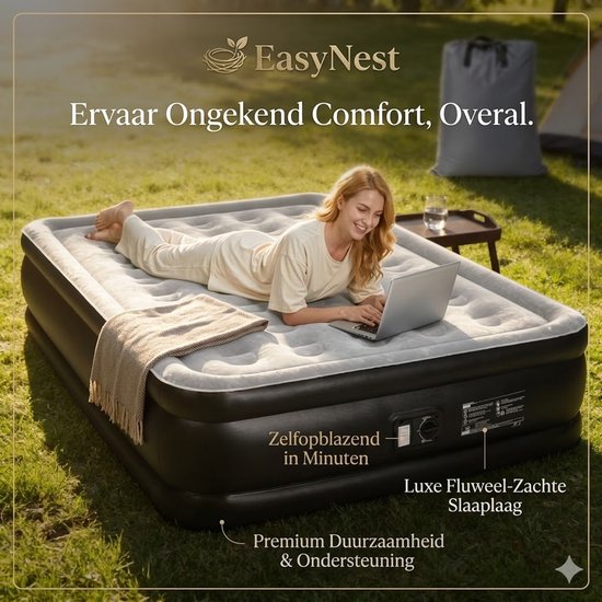 Camping Luchtbed – Opblaasbaar Matras met Ingebouwde Bekerhouders en Draagtas – Flocking Top – Max. Draagvermogen 150/250 kg – 1- of 2-Persoons