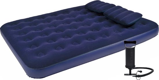 Camping luchtbed voor 2 personen 203 x 152 x 22 cm opblaasbare matras luchtbed blauw inclusief handluchtpomp en 2 kussens van Merkloos