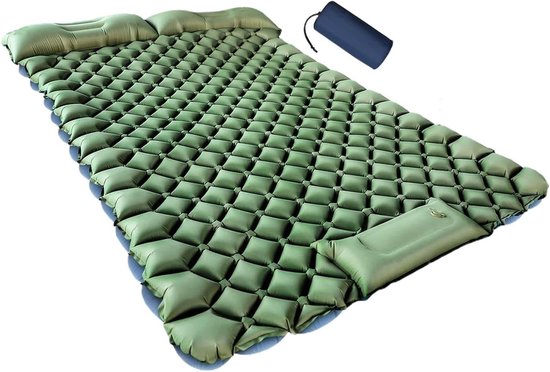 Camping luchtmatras - Slaapmat dubbel - Buiten slapen - Met ingebouwde voetpomp - 200x120 cm - Legergroen