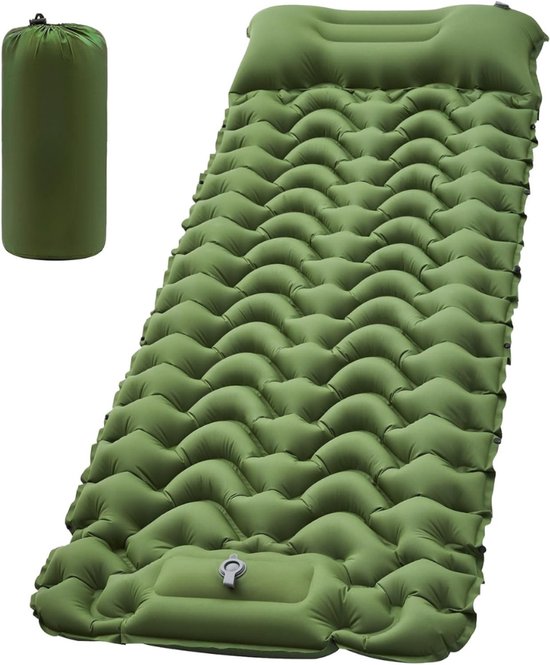 Camping Matras met Ingebouwde Voetpomp en Kussen - Opvouwbaar Matras - Vouwmatras - Camping Matje - Slaapmat - Logeer Matras - Luchtmatras - Kampeer Matras - Camping Bedje - PVC - 196 x 68 x 6 cm - Groen - van Imperatoris