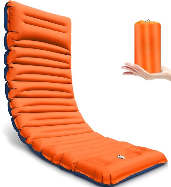 Camping Matras met Kussen en Voetpomp - Enkel - Opvouwbaar Matras - Vouwmatras - Camping Matje - Slaapmat - Logeer Matras - Luchtmatras - Kampeer Matras - Camping Bedje - Nylon/TPU - Tot 181 kg - 200 x 70 x 10 cm - Oranje/Blauw - van Imperatoris