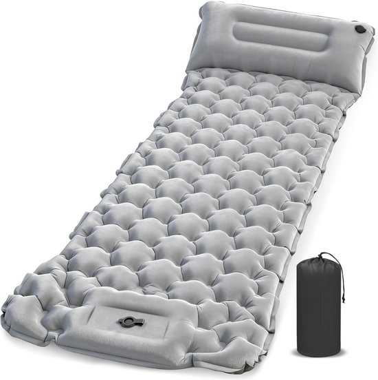 Camping Matras met Kussen en Voetpomp - Enkel - Opvouwbaar Matras - Vouwmatras - Camping Matje - Slaapmat - Logeer Matras - Luchtmatras - Kampeer Matras - Camping Bedje - TPU - 195 x 65 x 10 cm - Grijs - van Imperatoris