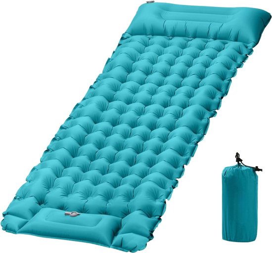 Camping Matras met Kussen en Voetpomp - Opvouwbaar Matras - Vouwmatras - Camping Matje - Slaapmat - Logeer Matras - Luchtmatras - Kampeer Matras - Camping Bedje - Nylon - Tot 150 kg - 200 x 70 x 10 cm - Cyaan - van Imperatoris
