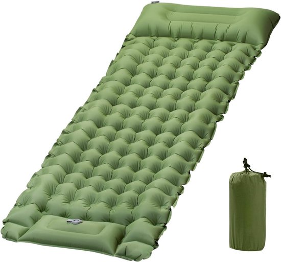 Camping Matras met Kussen en Voetpomp - Opvouwbaar Matras - Vouwmatras - Camping Matje - Slaapmat - Logeer Matras - Luchtmatras - Kampeer Matras - Camping Bedje - Nylon - Tot 150 kg - 200 x 70 x 10 cm - Groen - van Imperatoris van Merkloos