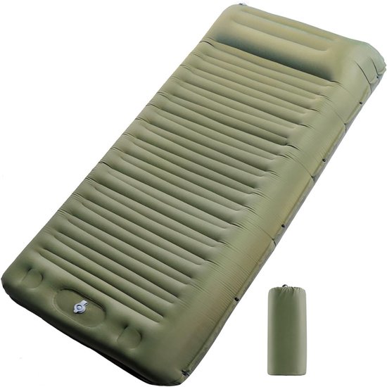 Camping Matras met Kussen - Opvouwbaar Matras - Vouwmatras - Camping Matje - Slaapmat - Logeer Matras - Luchtmatras - Kampeer Matras - Camping Bedje - Nylon/TPU - 200 × 76 × 14 cm - Legergroen - van Imperatoris