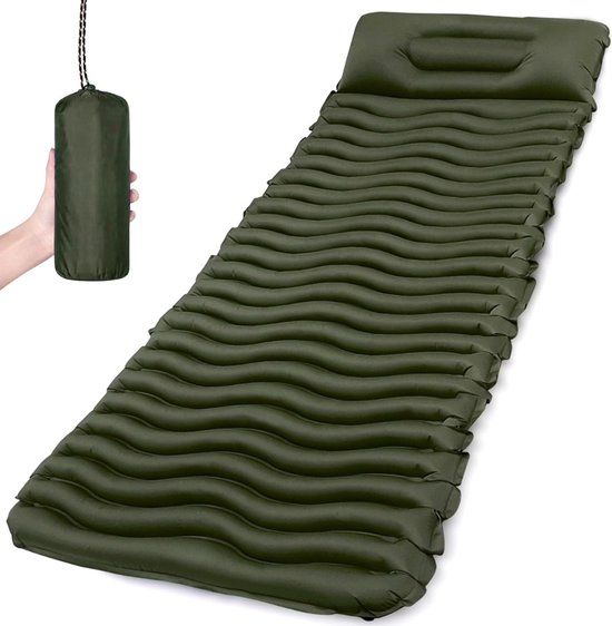 Camping Matras met Kussen - Opvouwbaar Matras - Vouwmatras - Camping Matje - Slaapmat - Logeer Matras - Luchtmatras - Kampeer Matras - Camping Bedje - TPU - Tot 200 kg - 6 cm - Legergroen - van Imperatoris