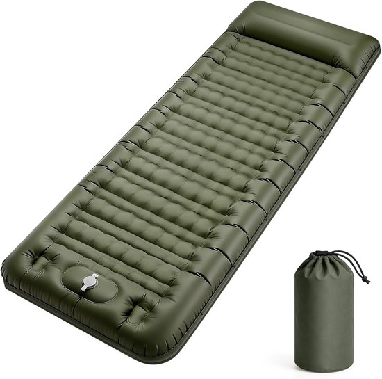 Camping Matras met Voetpomp en Kussen - Opvouwbaar Matras - Vouwmatras - Camping Matje - Slaapmat - Logeer Matras - Luchtmatras - Kampeer Matras - Camping Bedje - Nylon/TPU - 197 x 70 x 16 cm - Groen - van Imperatoris van Merkloos