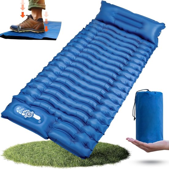 Camping Matras met Voetpomp en Kussen - Opvouwbaar Matras - Vouwmatras - Camping Matje - Slaapmat - Logeer Matras - Luchtmatras - Kampeer Matras - Camping Bedje - Nylon/TPU - Tot 100 kg - 190 x 66 x 10 cm - Blauw - van Imperatoris van Merkloos