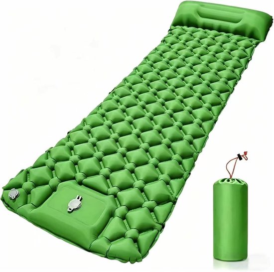 Camping Matras met Voetpomp & Kussen - Opvouwbaar Matras - Vouwmatras - Camping Matje - Slaapmat - Logeer Matras - Luchtmatras - Kampeer Matras - Camping Bedje - 195 x 65 x 15 cm - Groen - van Imperatoris van Merkloos
