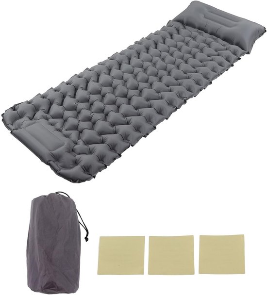 Camping Matras met Voetpomp & Kussen - Opvouwbaar Matras - Vouwmatras - Camping Matje - Slaapmat - Logeer Matras - Luchtmatras - Kampeer Matras - Camping Bedje - Nylon - 196 × 68 × 9 cm - Grijs - van Imperatoris van Merkloos