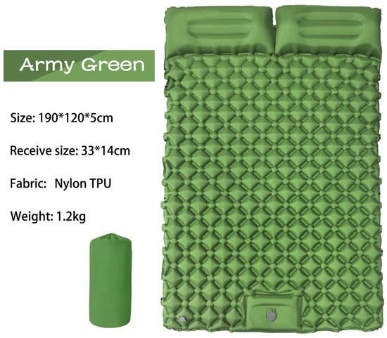 Camping Matras – Opblaasbaar en Ultralicht Luchtbed met Ingebouwd Kussen en Pomp, Draagbaar voor Kamperen, Wandelen en Reizen - Groen - dubbel