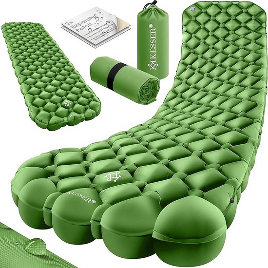 Camping Matras Opblaasbaar Luchtbed Camping Mat, incl. Draagtas Outdoor Ultralichte Opvouwbare Slaapmat [met Reparatie Kit] Draagvermogen: 200Kg Groen van Merkloos