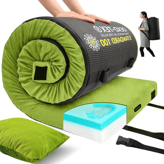 Camping Matras - Slaapmat Opvouwbaar - Kamperen en Reizen - Traagschuim Dubbellaags - 75x30x3 inch - Groen