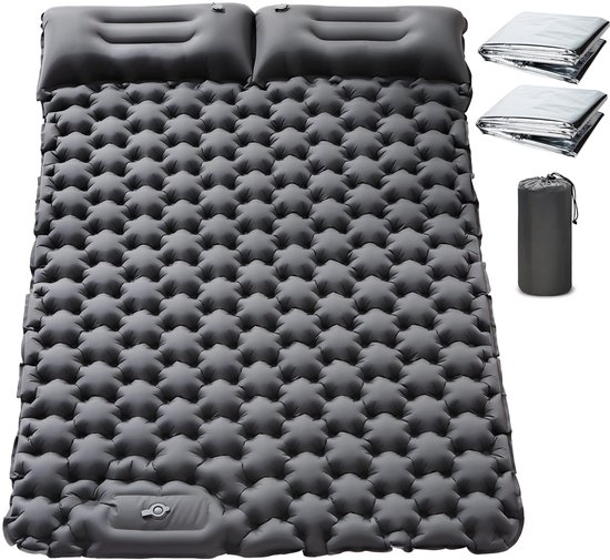 Camping Matras - Slaapmat - Zelfopblazende Slaapmat - 2 Personen - Ingebouwde voetpomp - 196 x 125 x 9 cm - Met Kussen - Grijs van Merkloos
