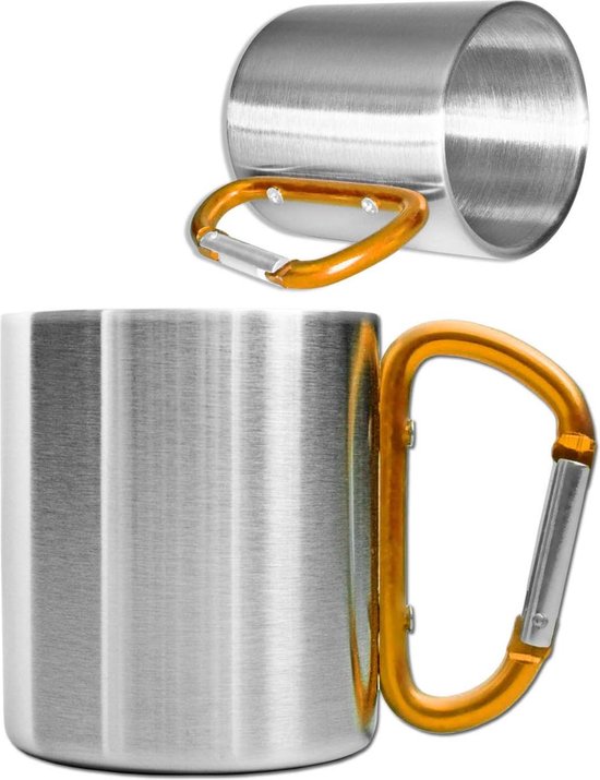 Camping mok, outdoor beker, metalen beker, met geschroefde karabijnhaak handgreep, roestvrij staal, wandelen, trekking, werk, 250 ml, zilver (oranje) van Camp