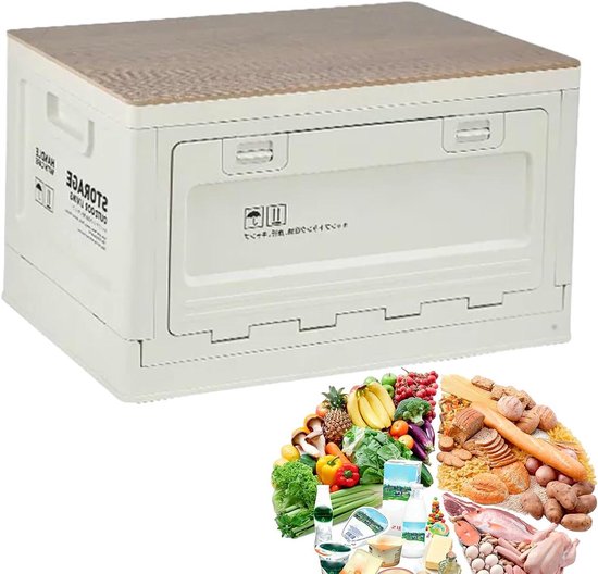 Camping Opbergbox - Opvouwbare Organizer - Buiten Leven - Met Houten Deksel - 50L - Wit