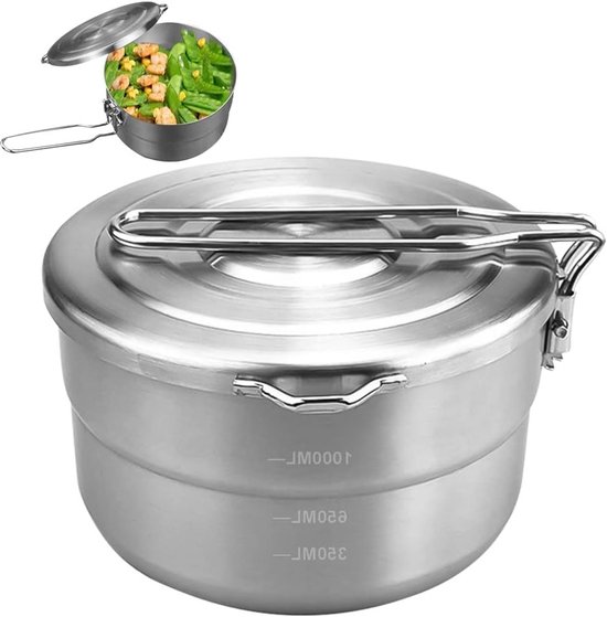 Camping Pan - Grote 1.5 L Camping Kookpan met Deksel en Opvouwbaar Handvat van Roestvrij Staal voor Kamperen en Wandelen in de Buitenlucht