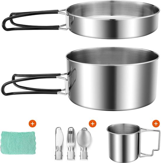 Camping Pan Pot Set met Cup en Servies - Draagbare RVS Cook Gear - Opvouwbare Outdoor Reizen Kookgerei Kit voor Trekking Wandelen Picknick - Bestek Inbegrepen reis waterkoker