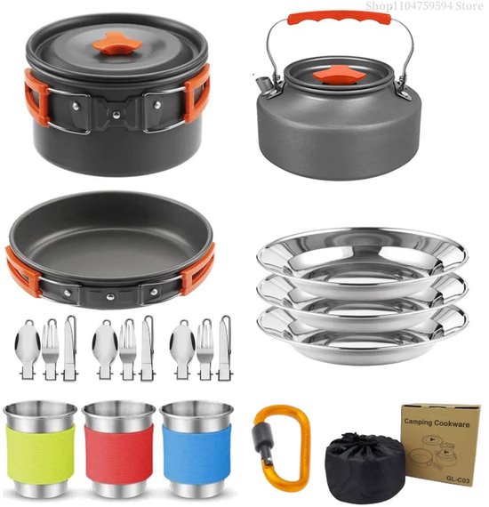 Camping Pannenset 18-delig voor 3 Personen – Outdoor Kookset met Pannen, Theepot, Borden, Bekers & Bestek – Lichtgewicht en Compact – Inclusief Draagtas