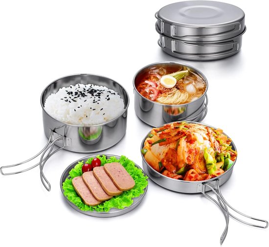 Camping Pannenset - 4-delig - Outdoor Pannenset - RVS - Ultra Compact & Lichtgewicht - Outdoor Kookset - Inklapbare Handgrepen - Zilver - voor picknick camping kookset backpacking camping wandelen