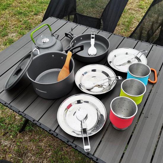 Camping Pannenset - Camping Kookgerei - Serviesset - Picknick Set - 3 Personen - Alles in 1 Set - Beker - Bord - Bestek - Pannen - Ketel