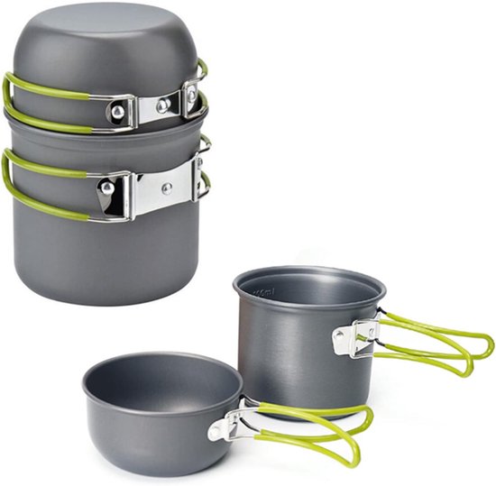 Camping pannenset - Camping kookset- en picknick kookgerei - Draagbaar picknick kookgerei - Camping servies - Pot - Grijs - Aluminiumlegering