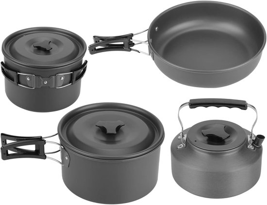 Camping Pannenset - Kookset Buiten - Outdoor Koken - Lichtgewicht Aluminium - Voor 4-5 Personen - Zilver